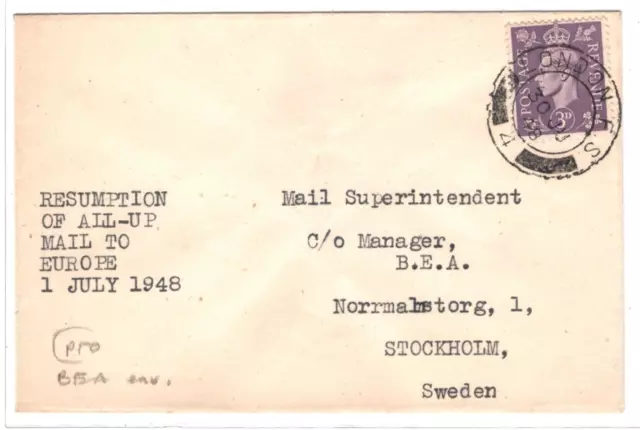 GB KGVI Air Mail Cover BEA RESUMPTION ALL-UP MAIL EUROPE Sweden 1948 MA675