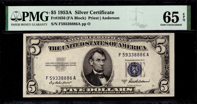 1953 A $5 Silver Certificate Note Fr.1656 Fa Block Pmg Gem Unc 65 Epq (886A)