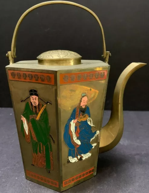 Vintage Hexagonal BRASS TEA KETTLE Enameled Asian Figures Embossed Lid