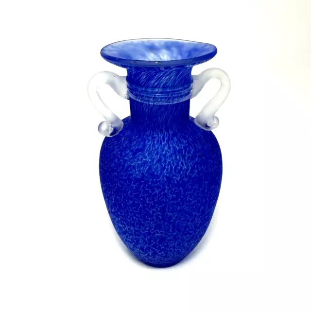 Vintage Speckle Cobalt Blue Art Glass Italian Urn Vase Handles Matte Frosted