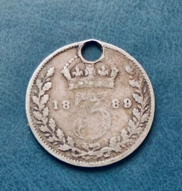 1889 VICTORIA GREAT BRITAIN SILVER THREEPENCE, Pierced jewellery Charm Pendant