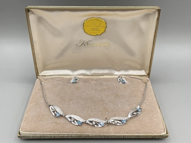 Vintage Van Dell Sterling Silver Necklace & Earring Set Floral Blue Crystals 16”