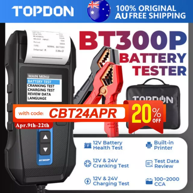 TOPDON BT300P 12 Volt Car Battery Tester Alternator with Printer 100 to 2000CCA