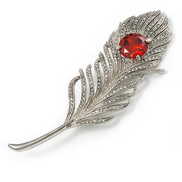 Large Swarovski Crystal Peacock Feather Silver Tone Brooch (Clear & Carrot Red)