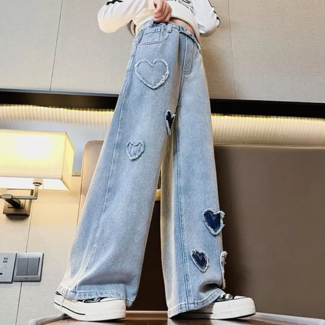 Soft Denim Jeans Elastic Waistband Blue Trousers Casual Wide Leg Pants  Girls