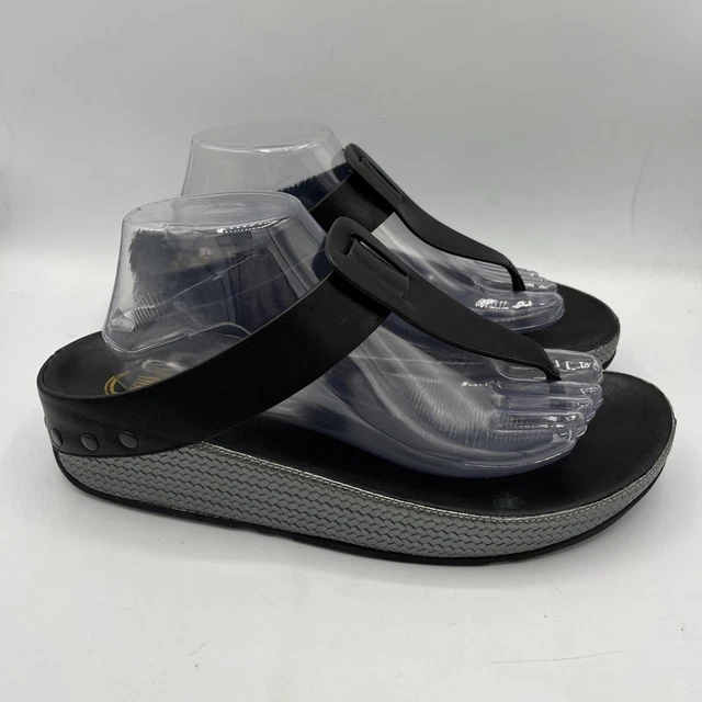 FitFlop Ibiza Women Size 11 Black Sliver Leather Wedge 401-001 Thong Sandals