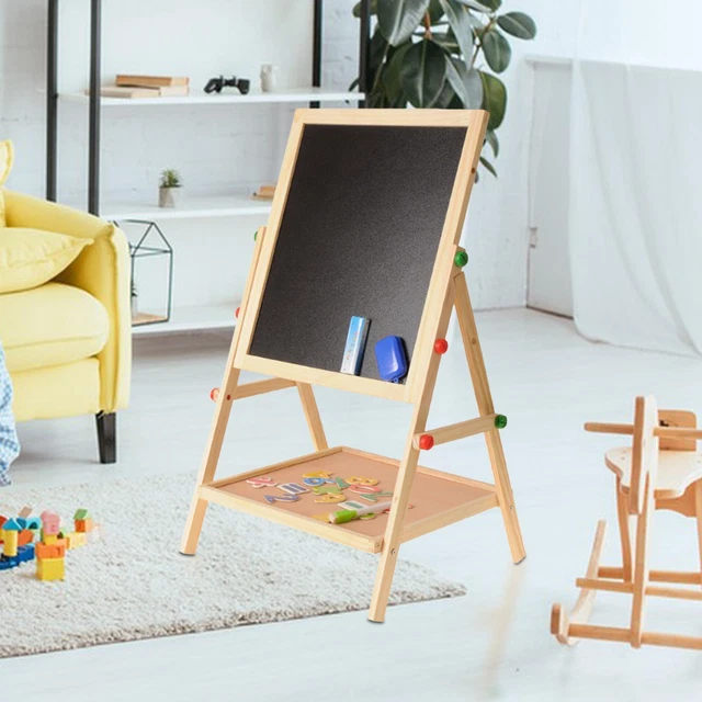 Tableau Enfant Double Face Magnétique Et Craie - Chevalet En Bois Réglable En Hauteur (80-148 Cm) - Avec Accessoires - Nature