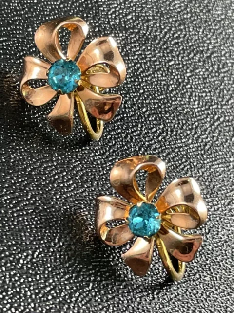 VAN DELL 1/20 12k Gold Fill VTG Screw Back Earrings Aqua Blue Rhinestone Flowers