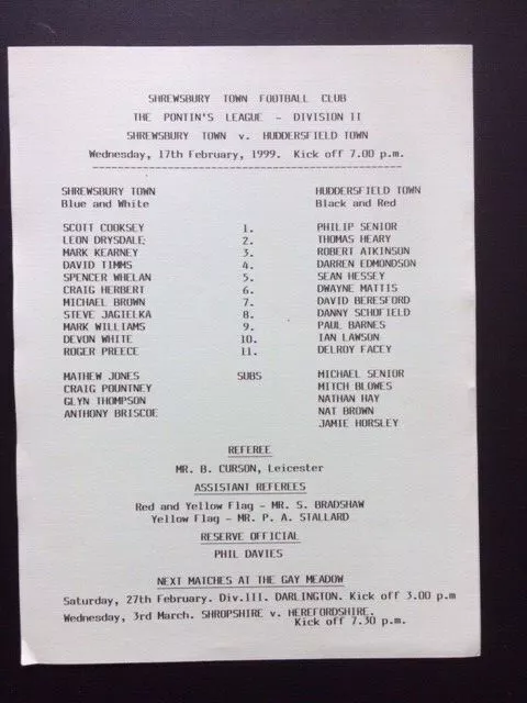 Shrewsbury Town Reserves v Huddersfield Town Reserves 1998-1999