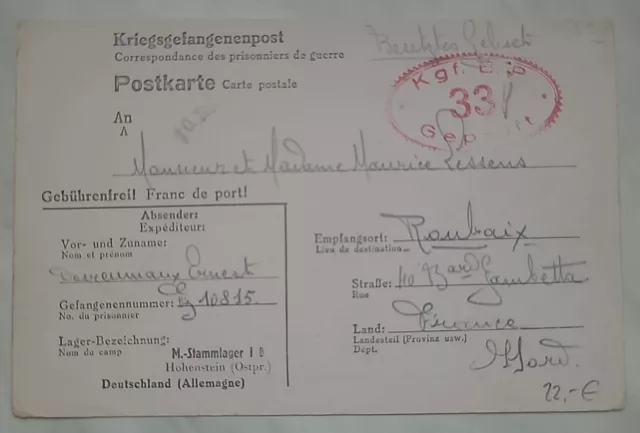 Zensur Karte Lager Stalag I B Hohenstein Ostpreußen Kriegsgefangenenpost POW (34