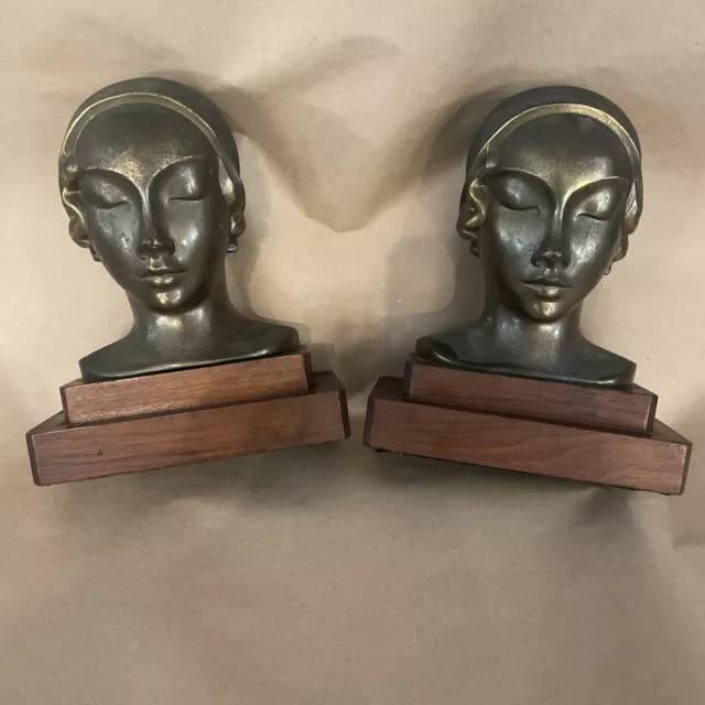 Frankart Art Deco Metal Lady Bust Head Statue Sculpture Bookends