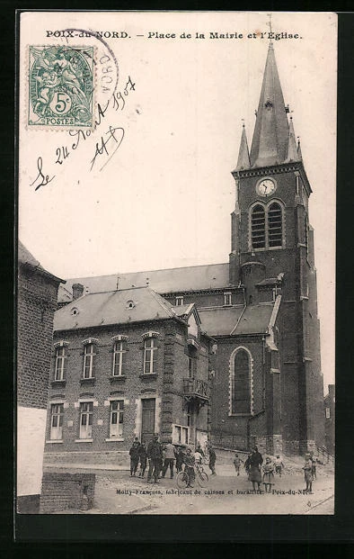CPA Poix-du-Nord, Place de la Mairie et l´Eglise 1907