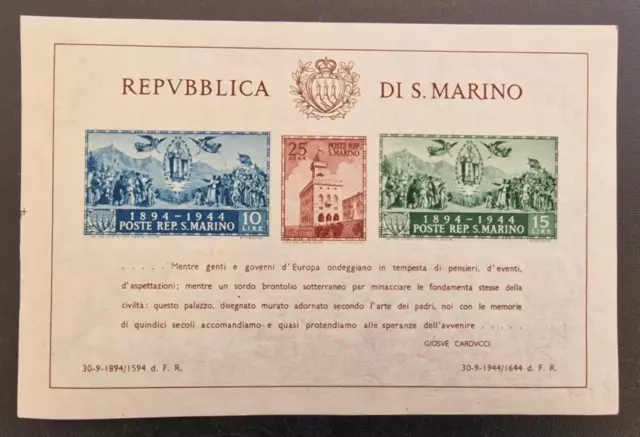 Foglietto Repubblica di San Marino Cinquantenario Palazzo del Governo Anno 1945