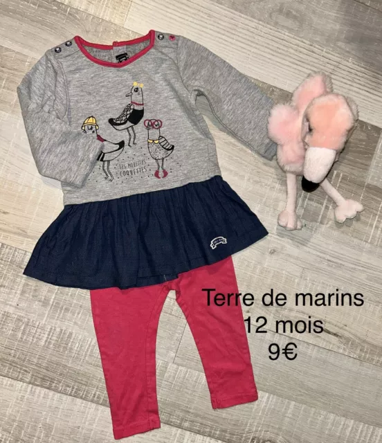 Terre De Marins  12 mois  Fille Hiver : Robe + Legging Rose Coton TBE