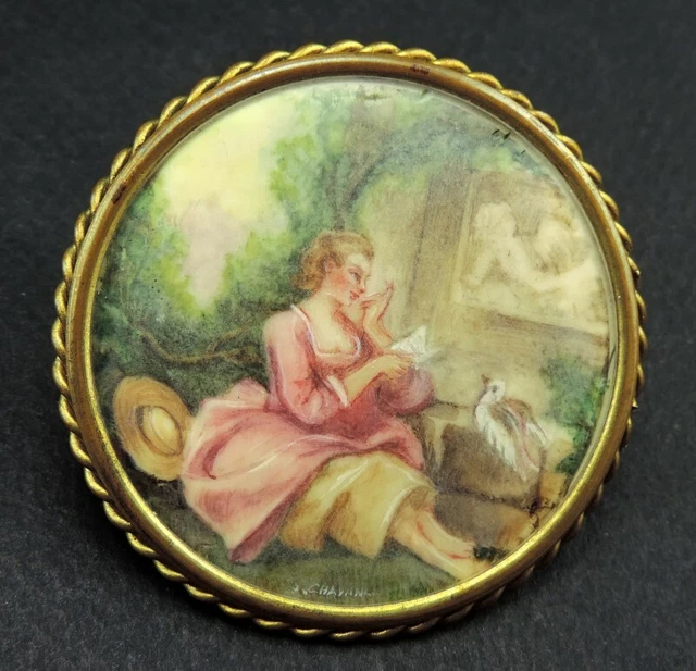 Broche Vintage Décorative - Peinture Signée - Bijou D'occasion Unique