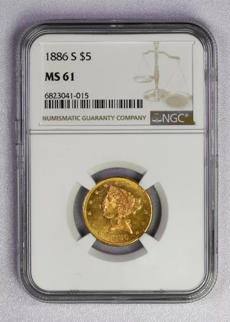 1886 S Gold $5 Liberty Head Half Eagle NGC graded MS61   Free Shipping!!!!