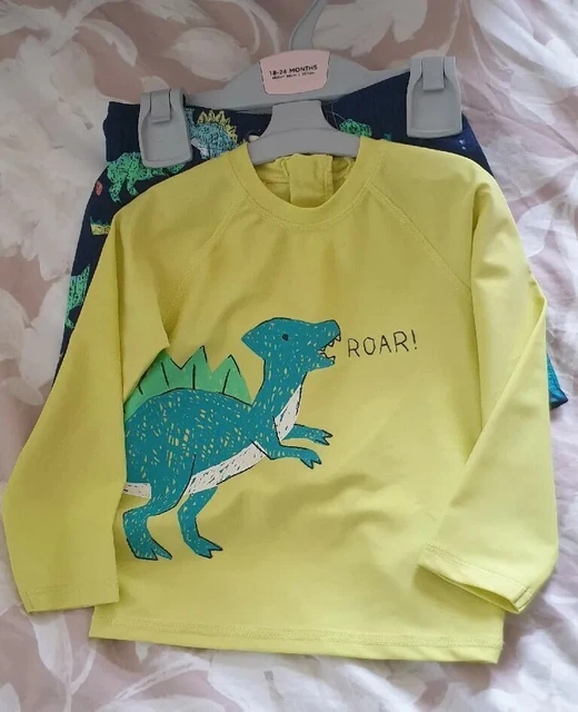 2pz PANTALONCINI DA BAGNO/SET TOP PER RAGAZZI. ROAR DINO. ETÀ 18-24 MINUTI. M&S. NUOVO DI ZECCA