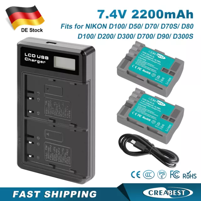 2Pcs 2200mAh EN-EL3e Akku & Dual Ladegerät Für Nikon ENEL3e D30 D50 D70 D70s D80