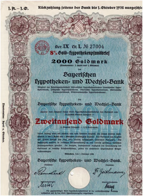 Bayerische Hypo.- und Wechsel-Bank, München 1928, 2000 Goldmark, deco,