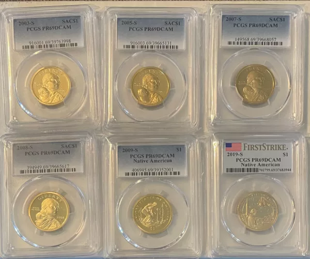 Lot of 6 Different PCGS PR69DCAM $1 Sacagawea Proof Dollar Coins 2003 - 2019