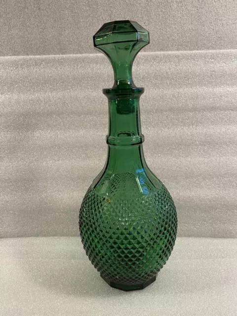 Vintage 1960's Emerald Green Molded Glass Wine/Whiskey Decanter Bottle w/Stopper