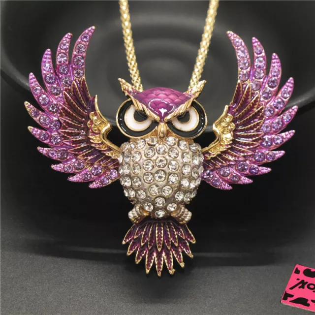 New Fashion Lady Purple Enamel Cute Owl Animal Crystal Pendant Women Necklace