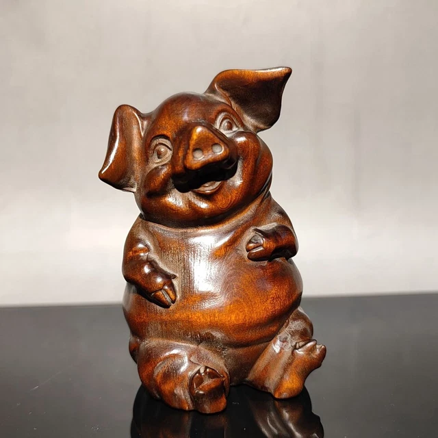 CHINESE ANTIQUE WOODEN Statue Carving Boxwood cute pig sculpture wood