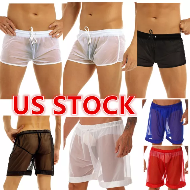 US Mens Sheer Mesh Loose See-Through Boxer Shorts Underwear Swim Trunks Swimwear