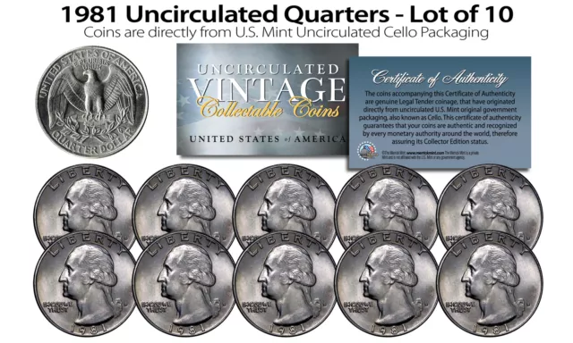 1981 US MINT QUARTERS Uncirculated Coins from U.S. Mint Cello Packs (QTY 10)