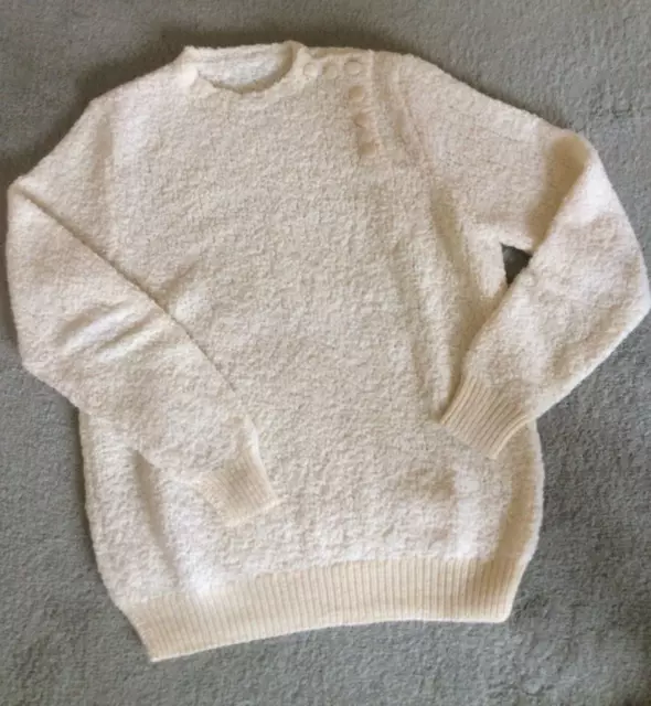 Vintage Cream Hand Knitted Long Sleeve Boucle Jumper Button Detail Size Medium