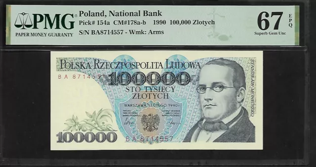 Poland 100,000 Zlotych  1990 PMG 67 EPQ UNC Series BA P#154a Stanislaw Moniuszko