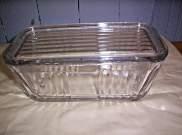 Vintage 1932 Anchor Hocking 9” Rectangle  Ribbed Clear Glass Container With Lid