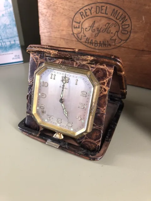 Antique 8 Days Travel Clock In Leather Case