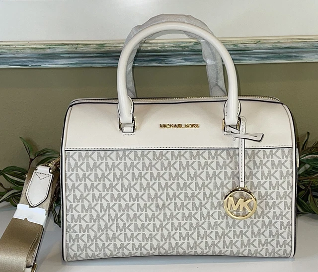 Michael Kors Travel Medium Duffle Satchel Bag Shoulder Mk Light Cream White Logo