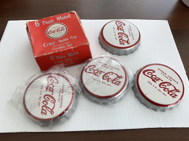 Vintage 1980s Boxed Set Coca Cola Metal Coasters Bottle Cap Design - X4 NOS