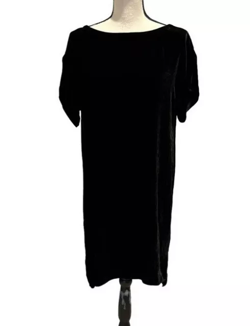 Eileen Fisher Black Velvet Round Neck Short Sleeve Dress Size XSmall $198