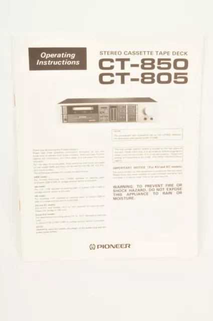 Pioneer CT-850 / CT-805 Cassette Tape Deck Operating Instructions Original