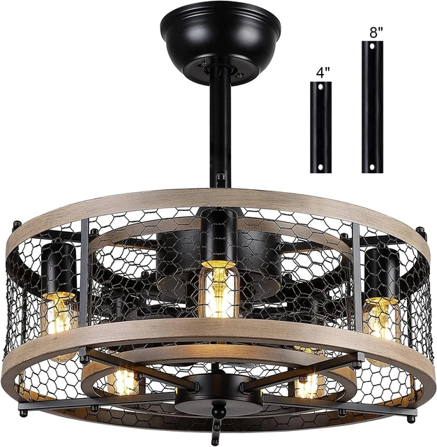 CAGED CEILING FAN with Lights Remote Control, 20'' Small Farmhouse #