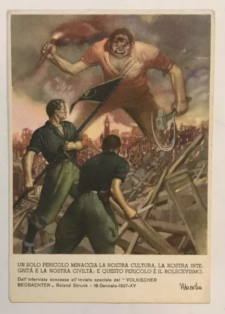 Cartolina Gino Boccasile- Ed. Acta - Motto Mussolini Rischio Bolscevismo - Origi