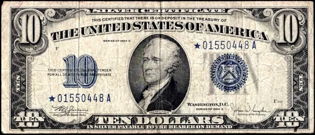 1934 C $10 Ten Dollar Silver Certificate Blue Seal FR 1704* Star Note Rare