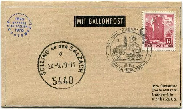 1970 Ballonpost Special Pro Juventute Aerostato OE-DZG Letter to Graz 100 Anni