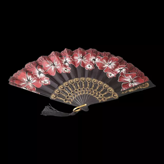 Decorative Folding Fan Red Pansy Flower Tassel Black Gold Chinese