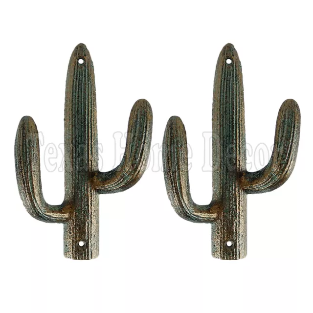 2 Green Cactus Double Wall Hook Cast Iron Coat Towel Purse Hanger Southwestern