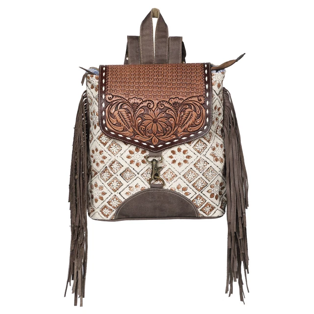 KB KB601 Backpack Hand Tooled Upcycled Canvas Genuine Leather women bag western