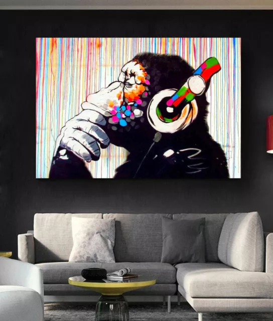 Banksy DJ Monkey headphones Rainbow Printed Framed Canvas Wall Art or Poster 3