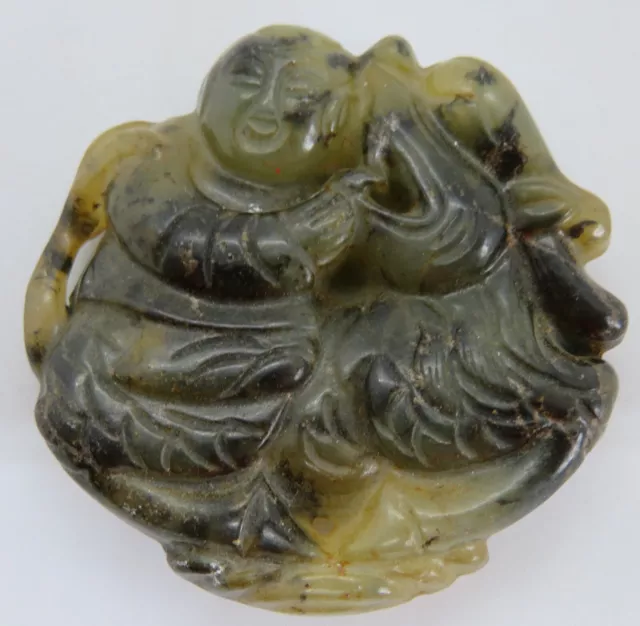 Chinese carved hardstone vintage Victorian oriental antique man & dragon roundel