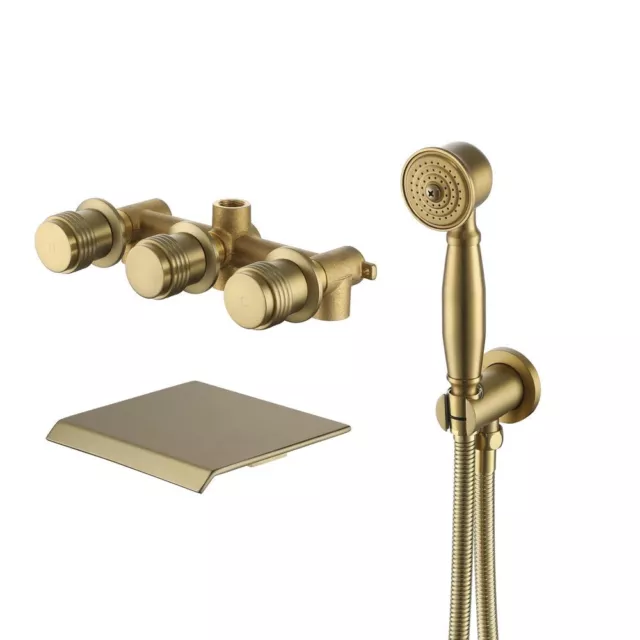 Brushed Gold 3 Handle Waterfall Bathtub Faucet With Hand Shower (Valve Included)