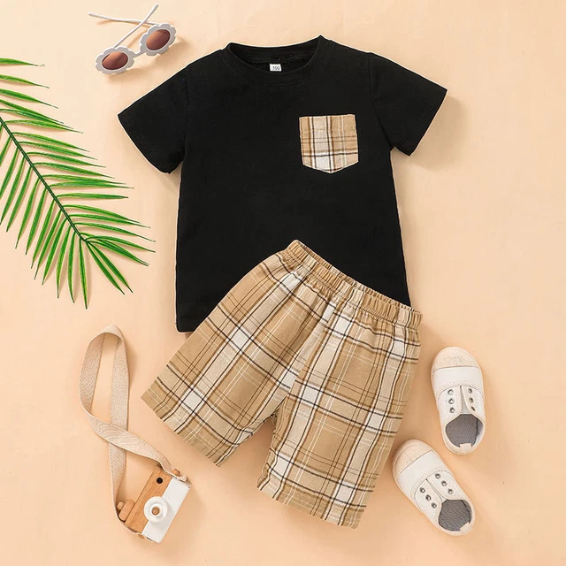 2Pcs Kids Toddler Boys Short Sleeve T-shirt Top Check Shorts Outfits Set Clothes