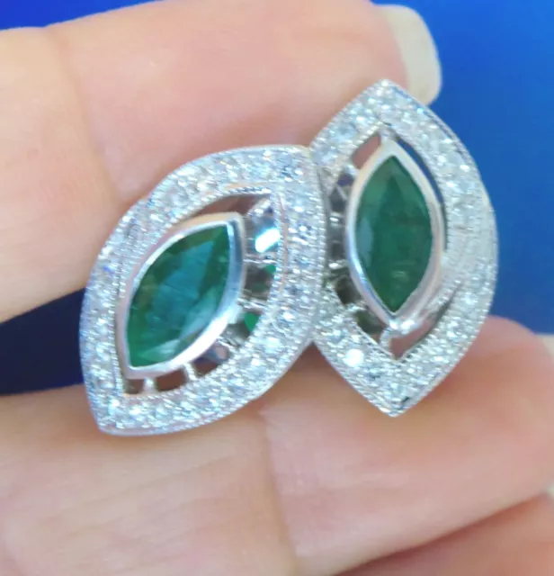 Gorgeous Natural Emerald & Diamond Solid 14K Gold Large Stud Earrings