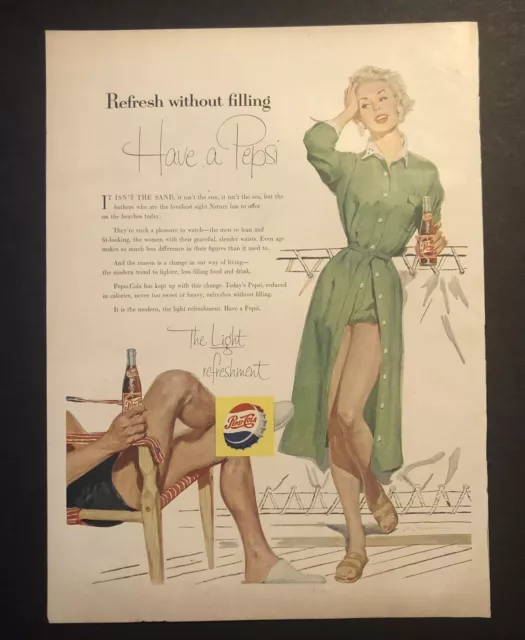 1950’s Pepsi Soda Pop Beverage Drink Woman In Green Dress Magazine Ad